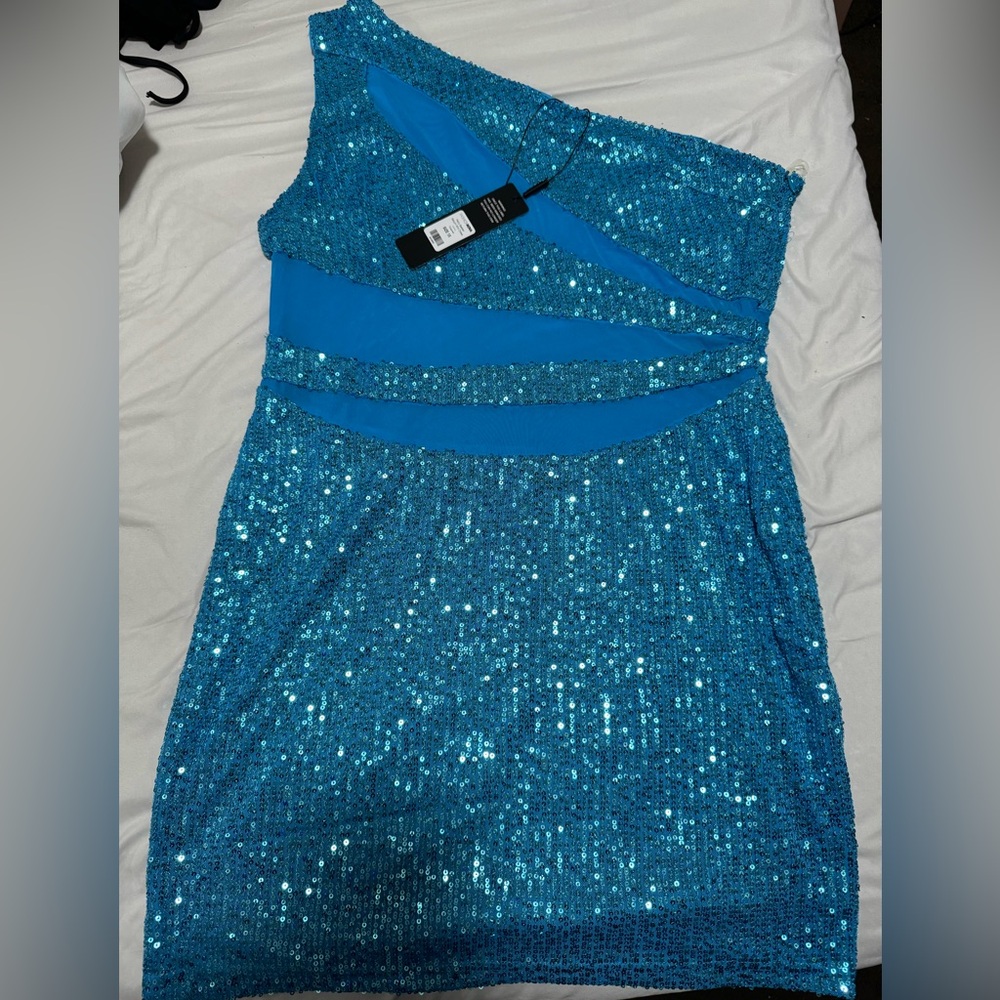 Fashion Nova Night Out Blue Sequin One Shoulder Dress